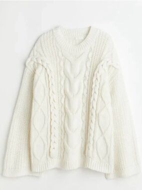 H&M Cream Cable Knit Oversized Sweater Chunky Braided Fisherman Pullover XXL